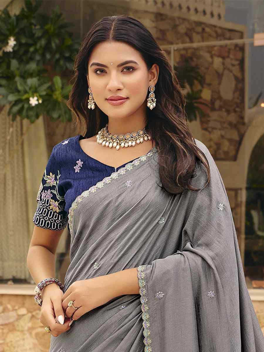 Grey Silk Embroidery Bridal Reception Festival Wedding Fancy Heavy Border Saree