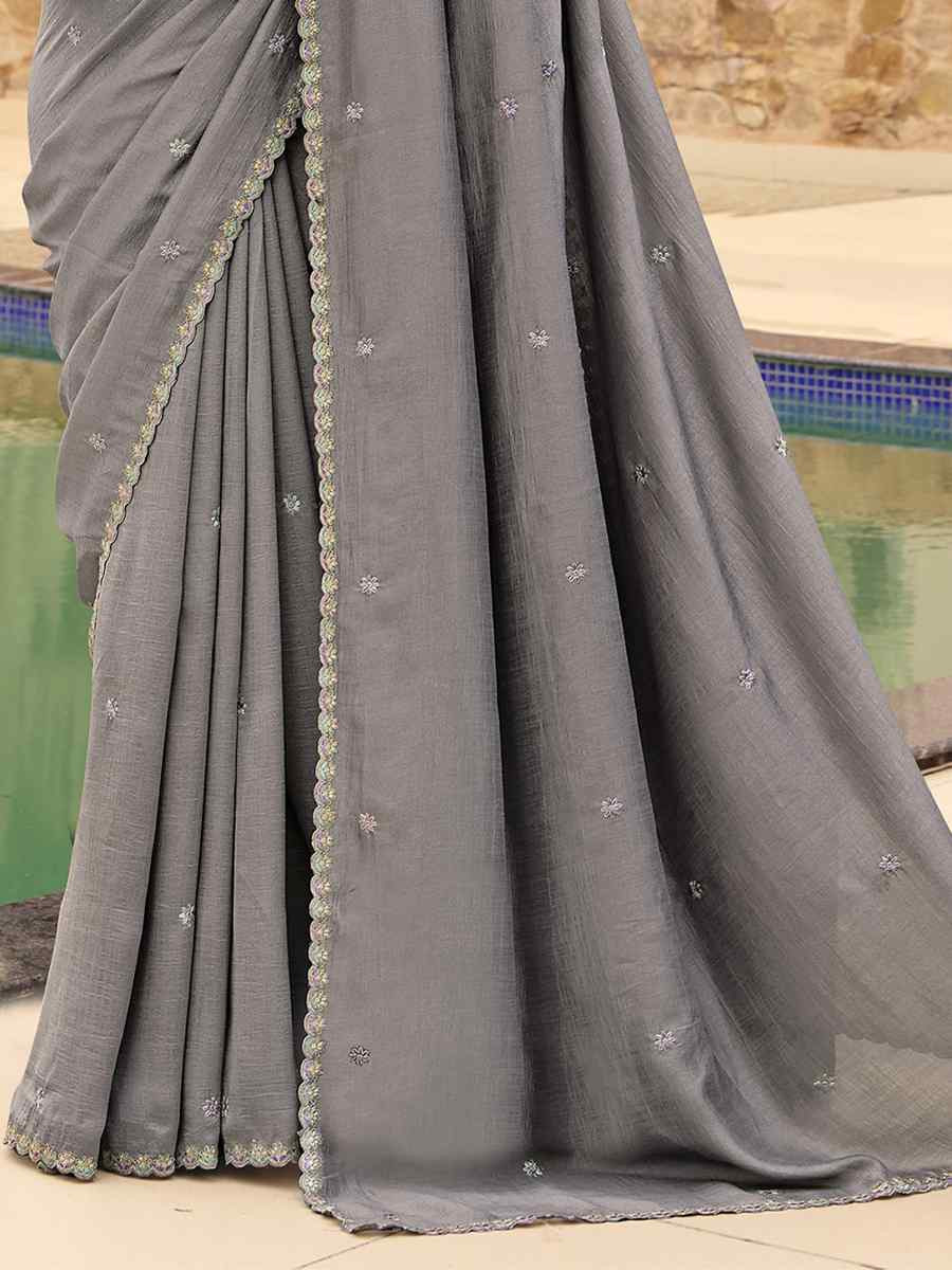 Grey Silk Embroidery Bridal Reception Festival Wedding Fancy Heavy Border Saree