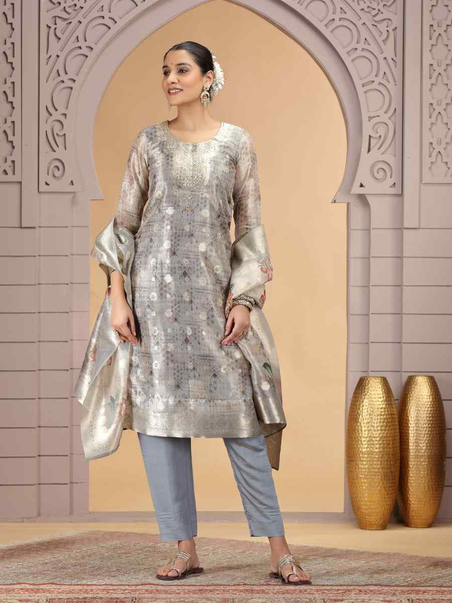 Grey Silk Embroidery Party Wedding Festival Casual Ready Pant Salwar Kameez