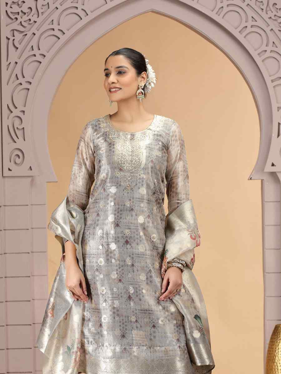 Grey Silk Embroidery Party Wedding Festival Casual Ready Pant Salwar Kameez