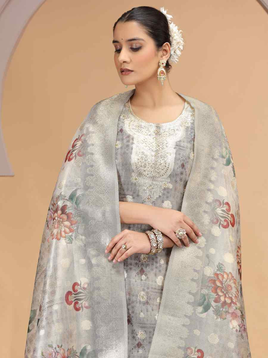 Grey Silk Embroidery Party Wedding Festival Casual Ready Pant Salwar Kameez