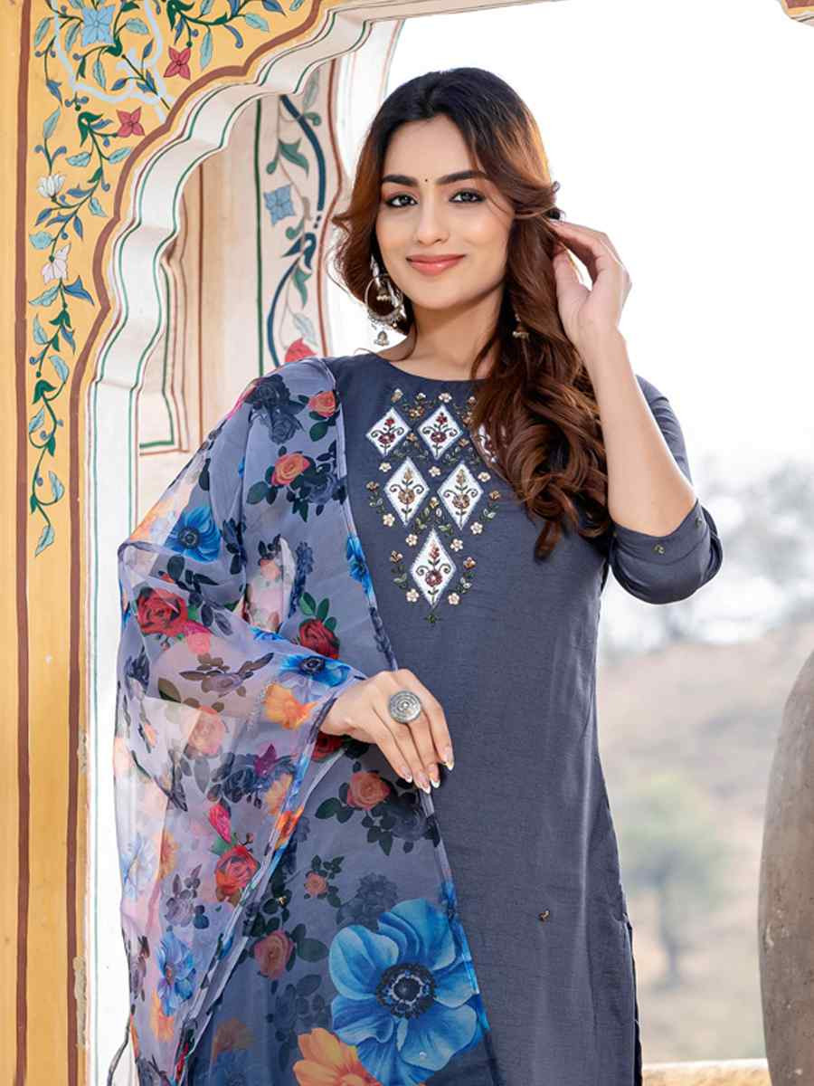 Grey Silk Embroidery Party Wedding Festival Casual Ready Pant Salwar Kameez