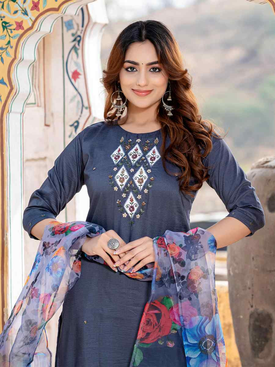 Grey Silk Embroidery Party Wedding Festival Casual Ready Pant Salwar Kameez