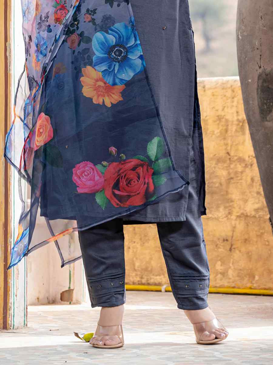 Grey Silk Embroidery Party Wedding Festival Casual Ready Pant Salwar Kameez