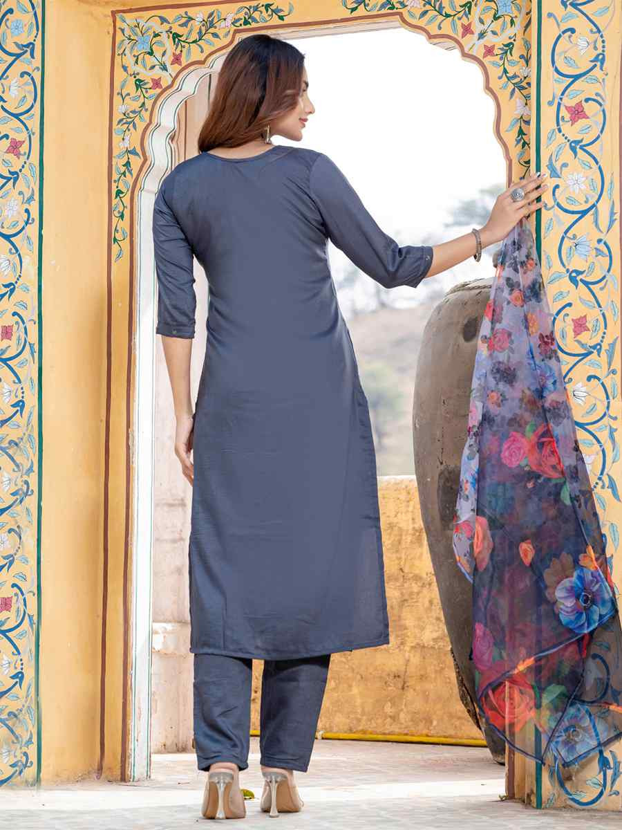 Grey Silk Embroidery Party Wedding Festival Casual Ready Pant Salwar Kameez