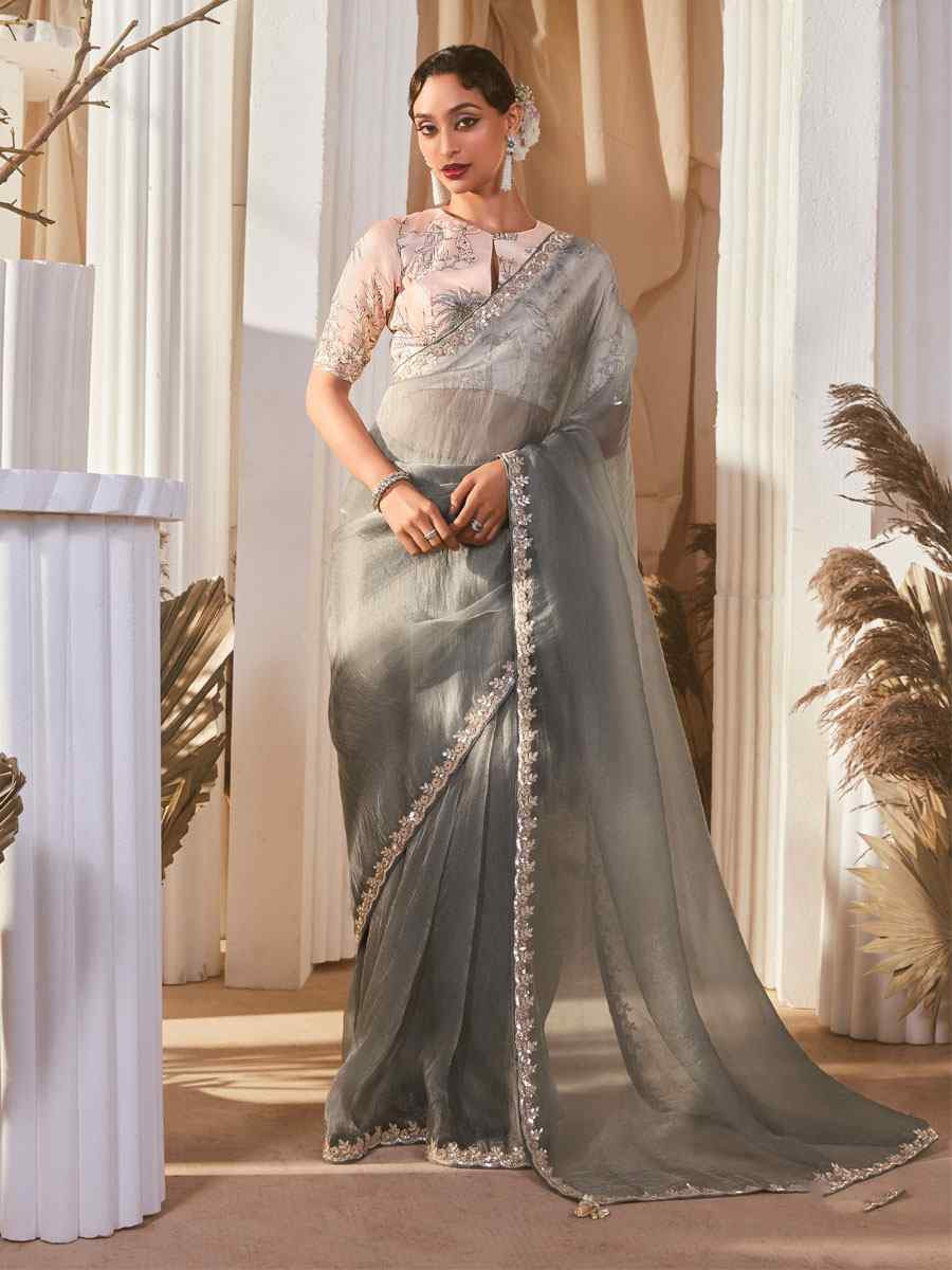 Grey Silk Embroidery Traditional Bridal Reception Festival Wedding Fancy Heavy Border Saree