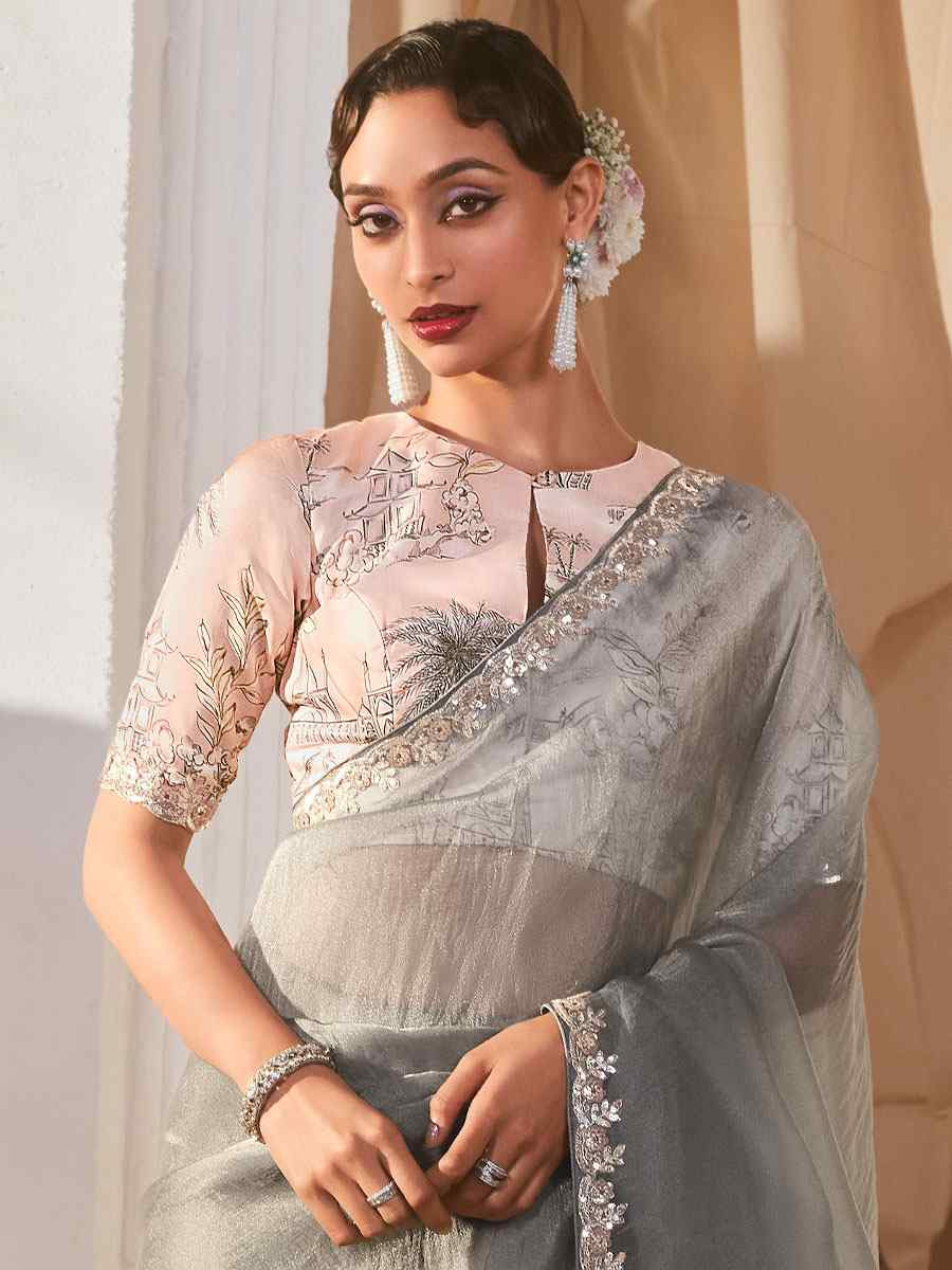 Grey Silk Embroidery Traditional Bridal Reception Festival Wedding Fancy Heavy Border Saree