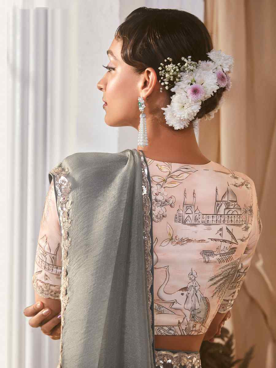 Grey Silk Embroidery Traditional Bridal Reception Festival Wedding Fancy Heavy Border Saree
