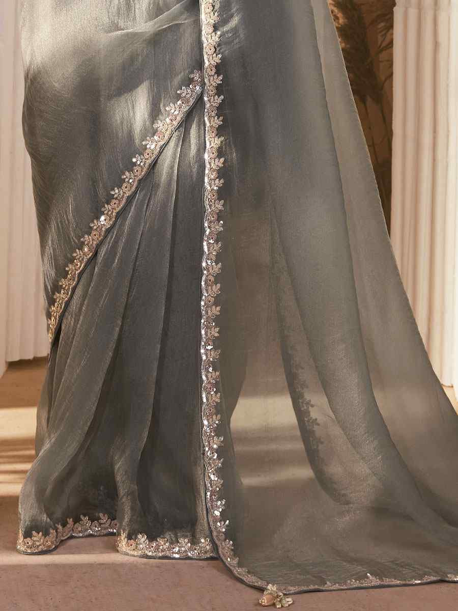 Grey Silk Embroidery Traditional Bridal Reception Festival Wedding Fancy Heavy Border Saree