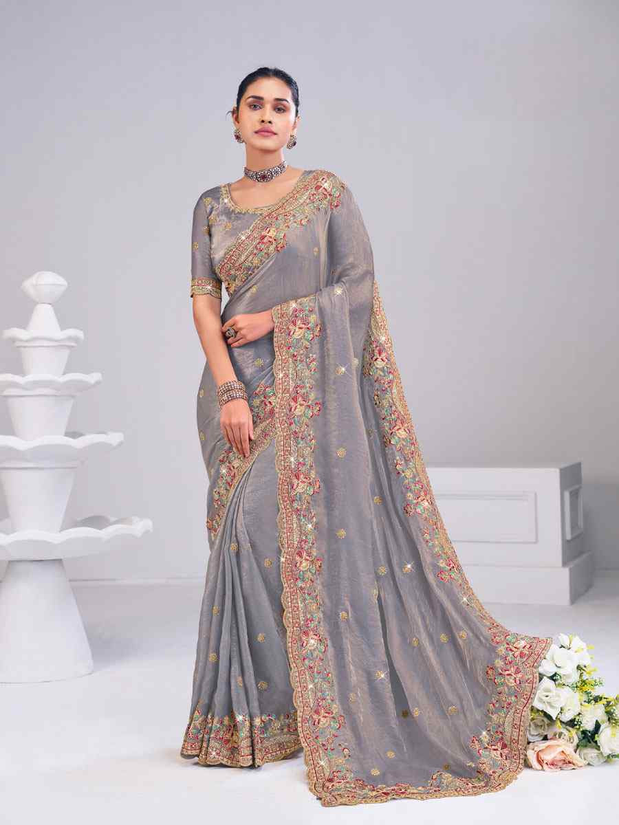 Grey Silk Embroidery Traditional Bridal Reception Festival Wedding Fancy Heavy Border Saree