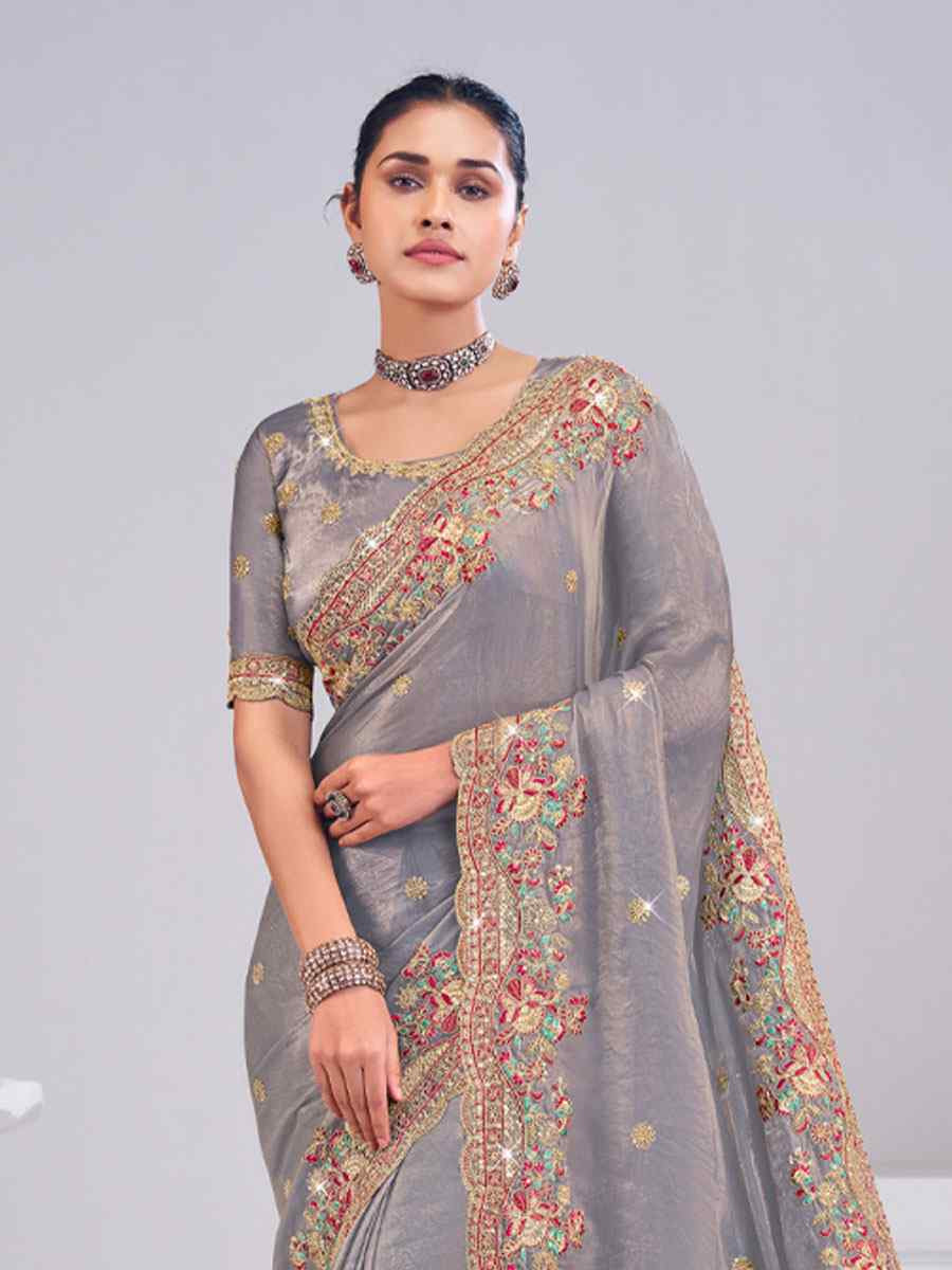 Grey Silk Embroidery Traditional Bridal Reception Festival Wedding Fancy Heavy Border Saree