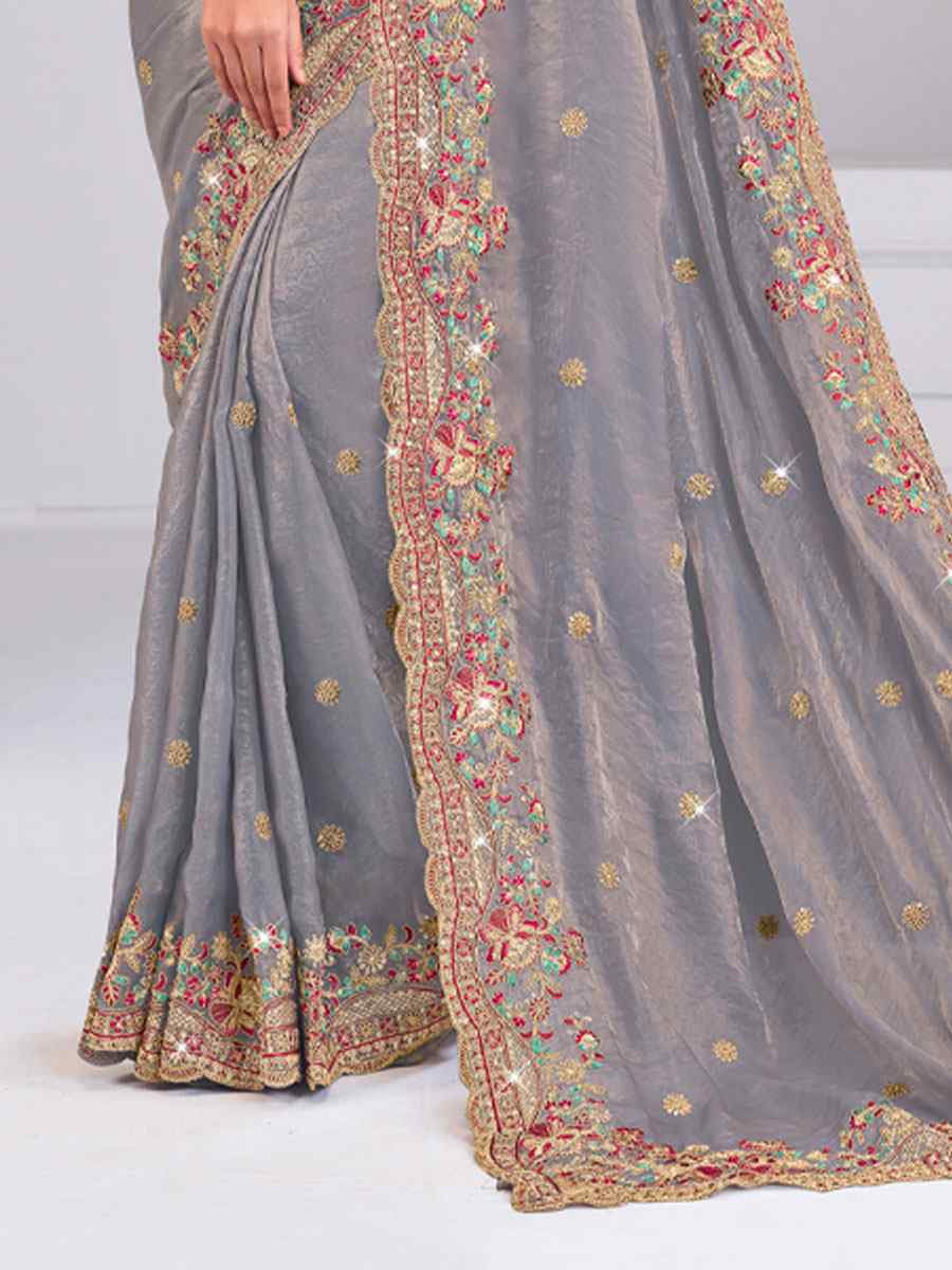 Grey Silk Embroidery Traditional Bridal Reception Festival Wedding Fancy Heavy Border Saree