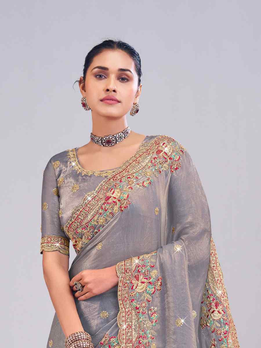 Grey Silk Embroidery Traditional Bridal Reception Festival Wedding Fancy Heavy Border Saree