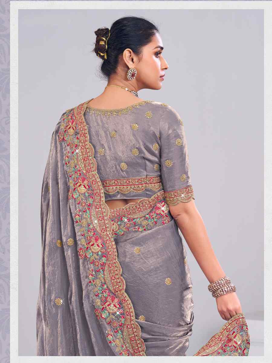 Grey Silk Embroidery Traditional Bridal Reception Festival Wedding Fancy Heavy Border Saree