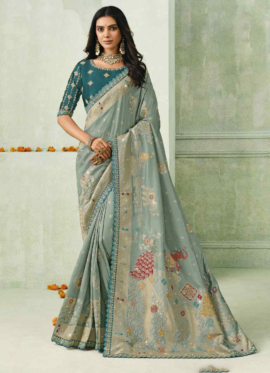 Grey Silk Embroidery Traditional Bridal Reception Festival Wedding Fancy Heavy Border Saree