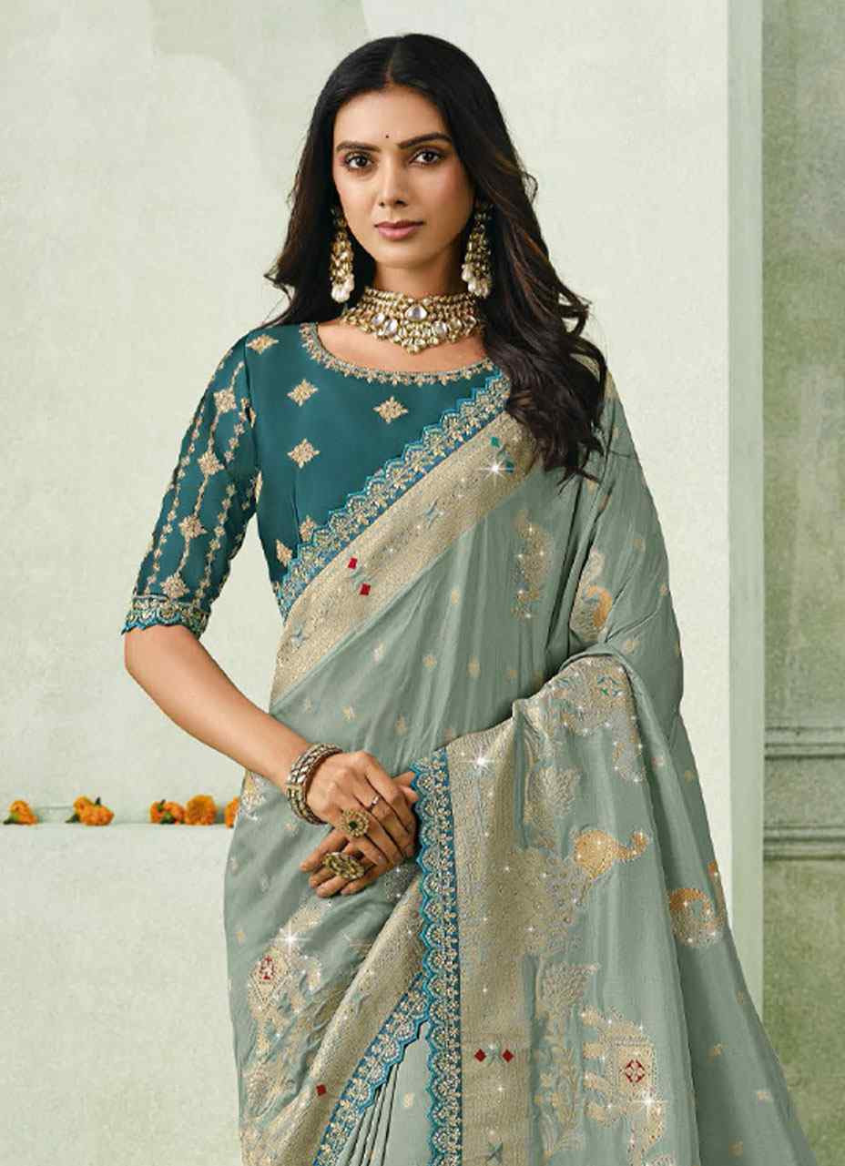 Grey Silk Embroidery Traditional Bridal Reception Festival Wedding Fancy Heavy Border Saree