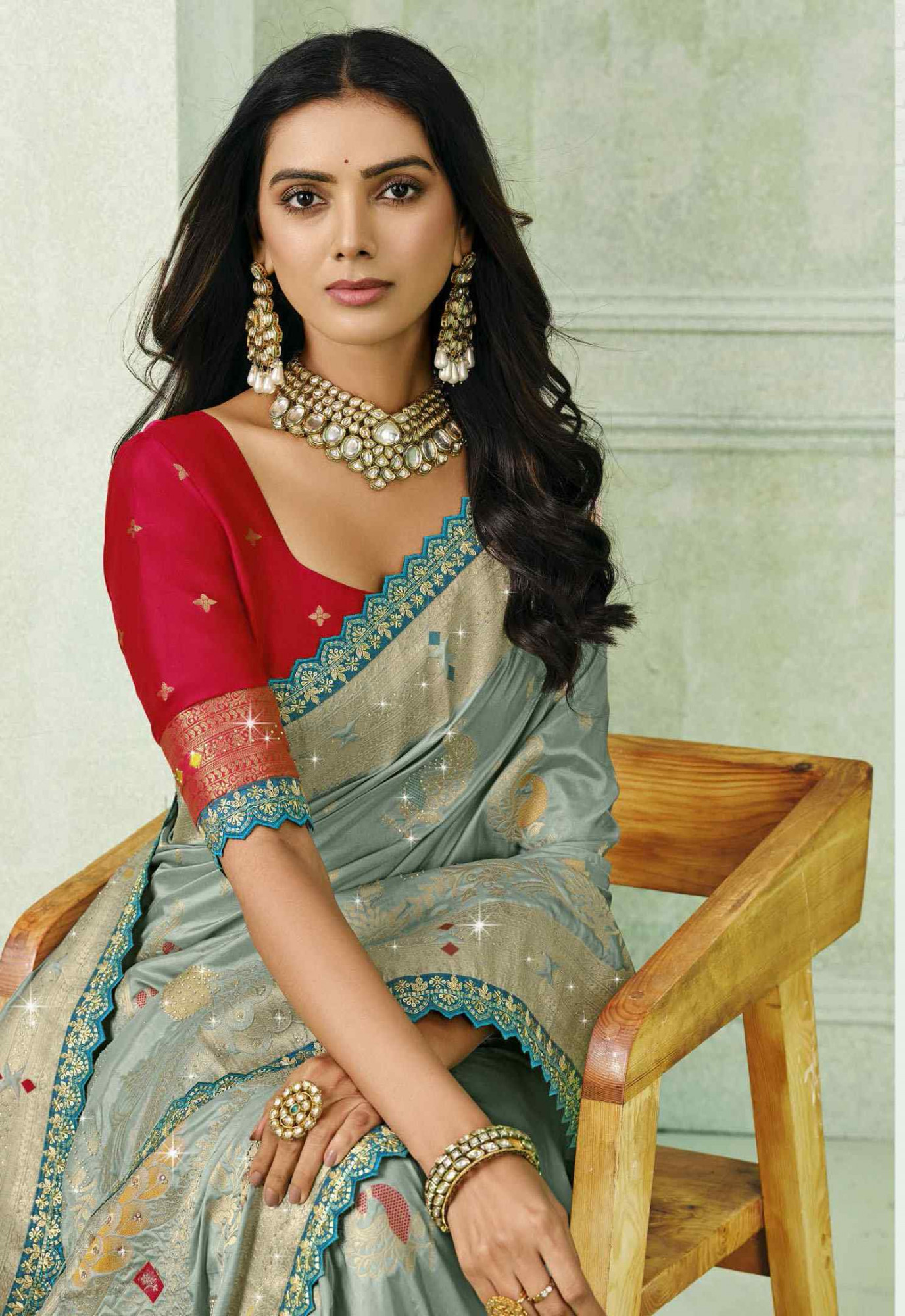 Grey Silk Embroidery Traditional Bridal Reception Festival Wedding Fancy Heavy Border Saree