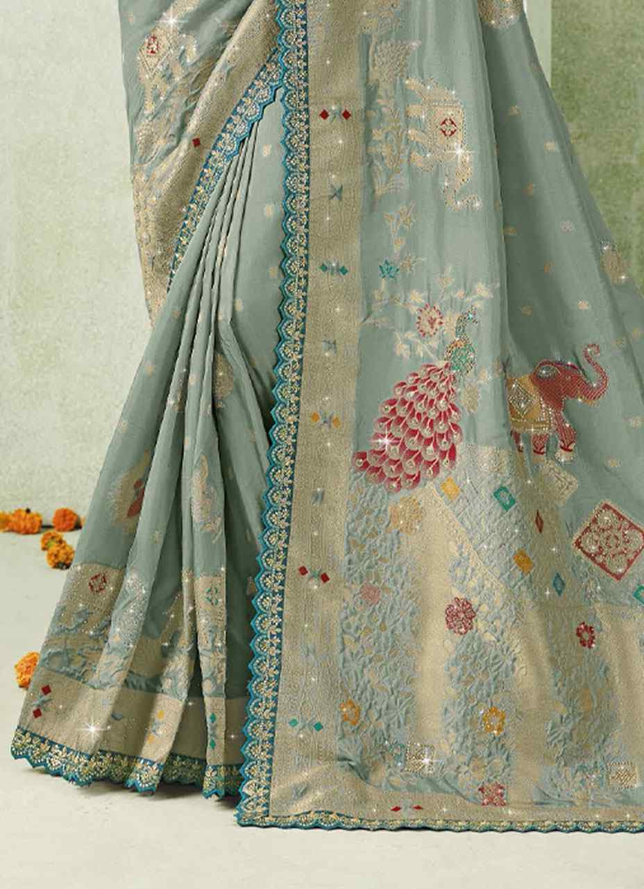 Grey Silk Embroidery Traditional Bridal Reception Festival Wedding Fancy Heavy Border Saree