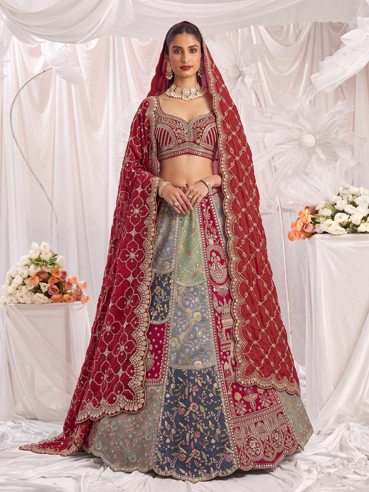 Image of Grey Silk Embroidery Zardosi Sequins Wedding Reception Party Festival Ready Heavy Border Lehenga Choli