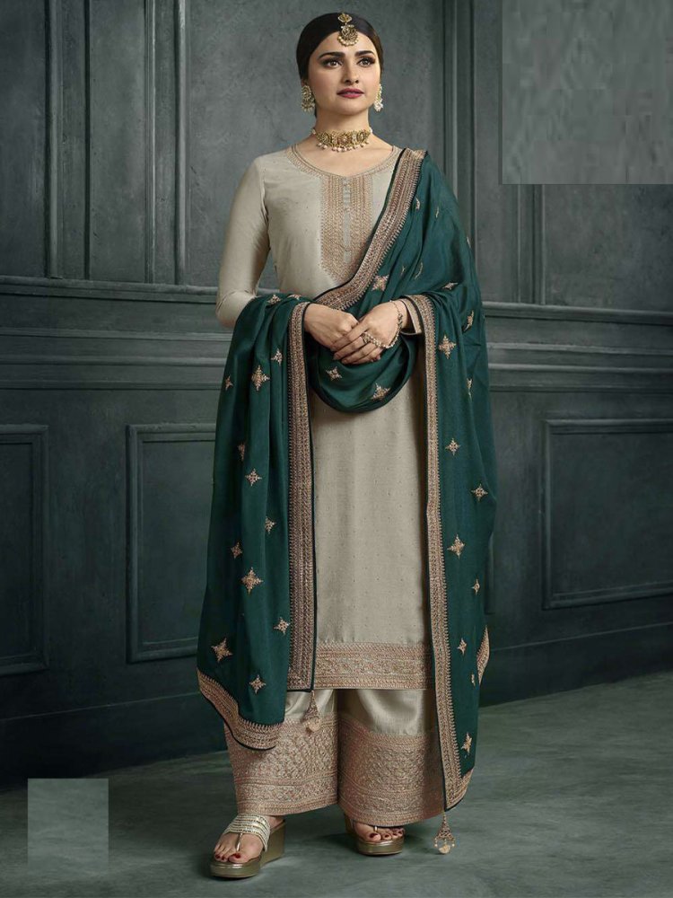 Grey Silk Georgette Embroidered Festival Wedding Palazzo Pant Bollywood Style Salwar Kameez