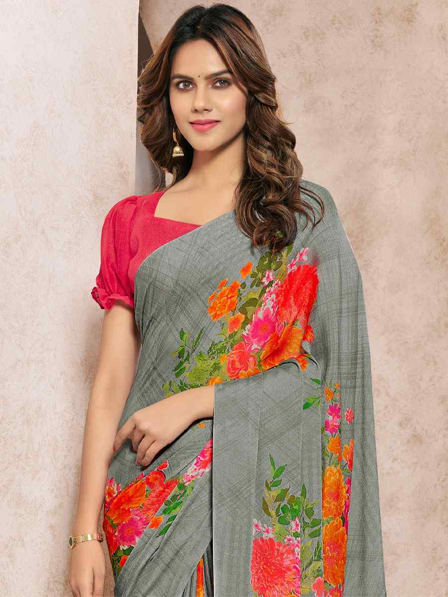 Grey Silk Georgette Printed Casual Party Contemporary Saree