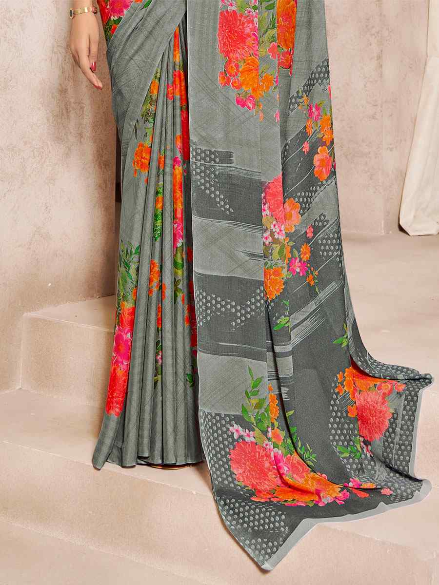 Grey Silk Georgette Printed Casual Party Contemporary Saree