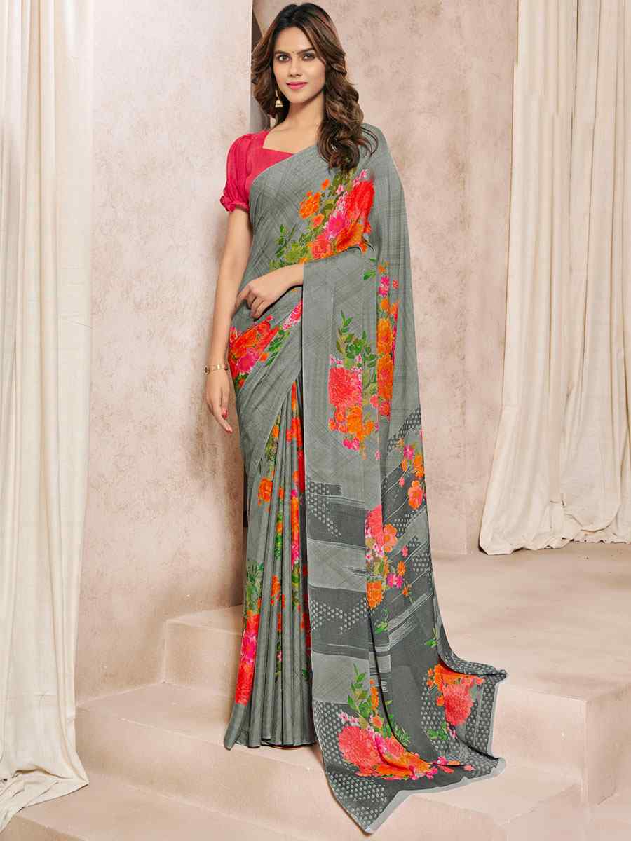 Grey Silk Georgette Printed Casual Party Contemporary Saree