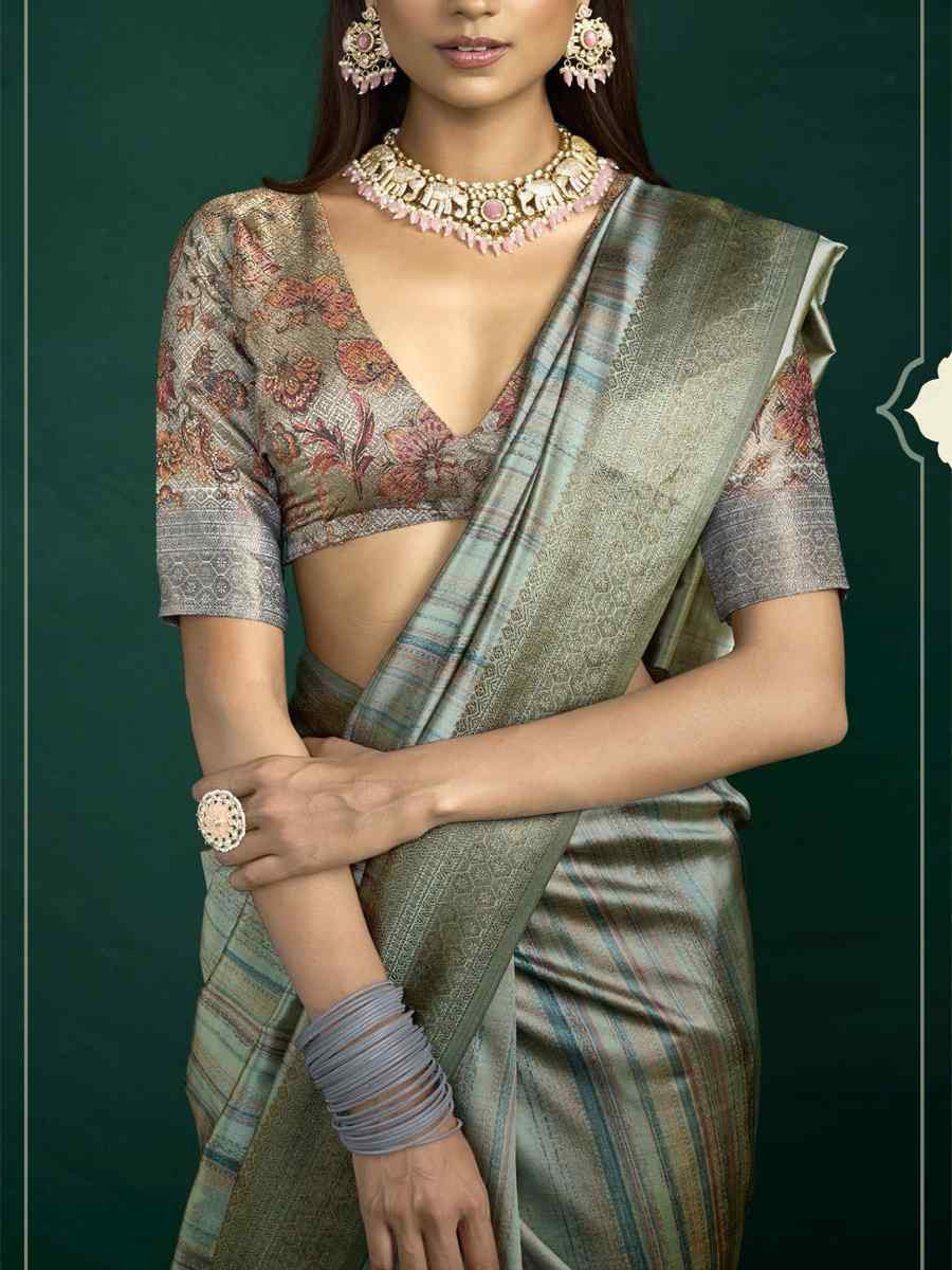 Grey Silk Handwoven Bridal Reception Festival Wedding Fancy Heavy Border Saree