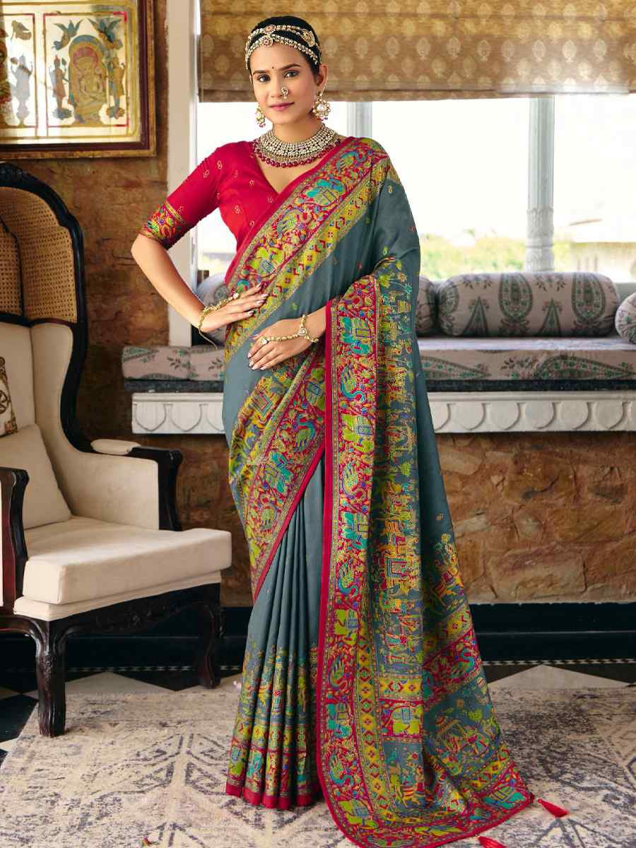 Grey Silk Handwoven Casual Reception Festival Wedding Fancy Heavy Border Saree