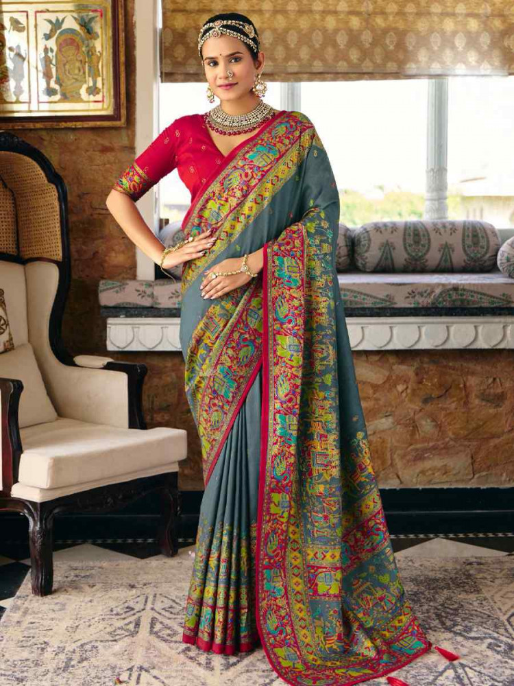 Image of Grey Silk Handwoven Casual Reception Festival Wedding Fancy Heavy Border Saree