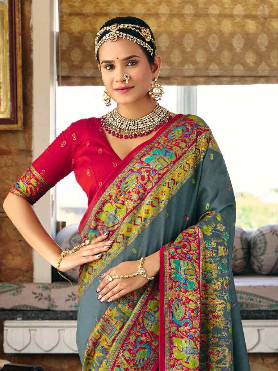Grey Silk Handwoven Casual Reception Festival Wedding Fancy Heavy Border Saree
