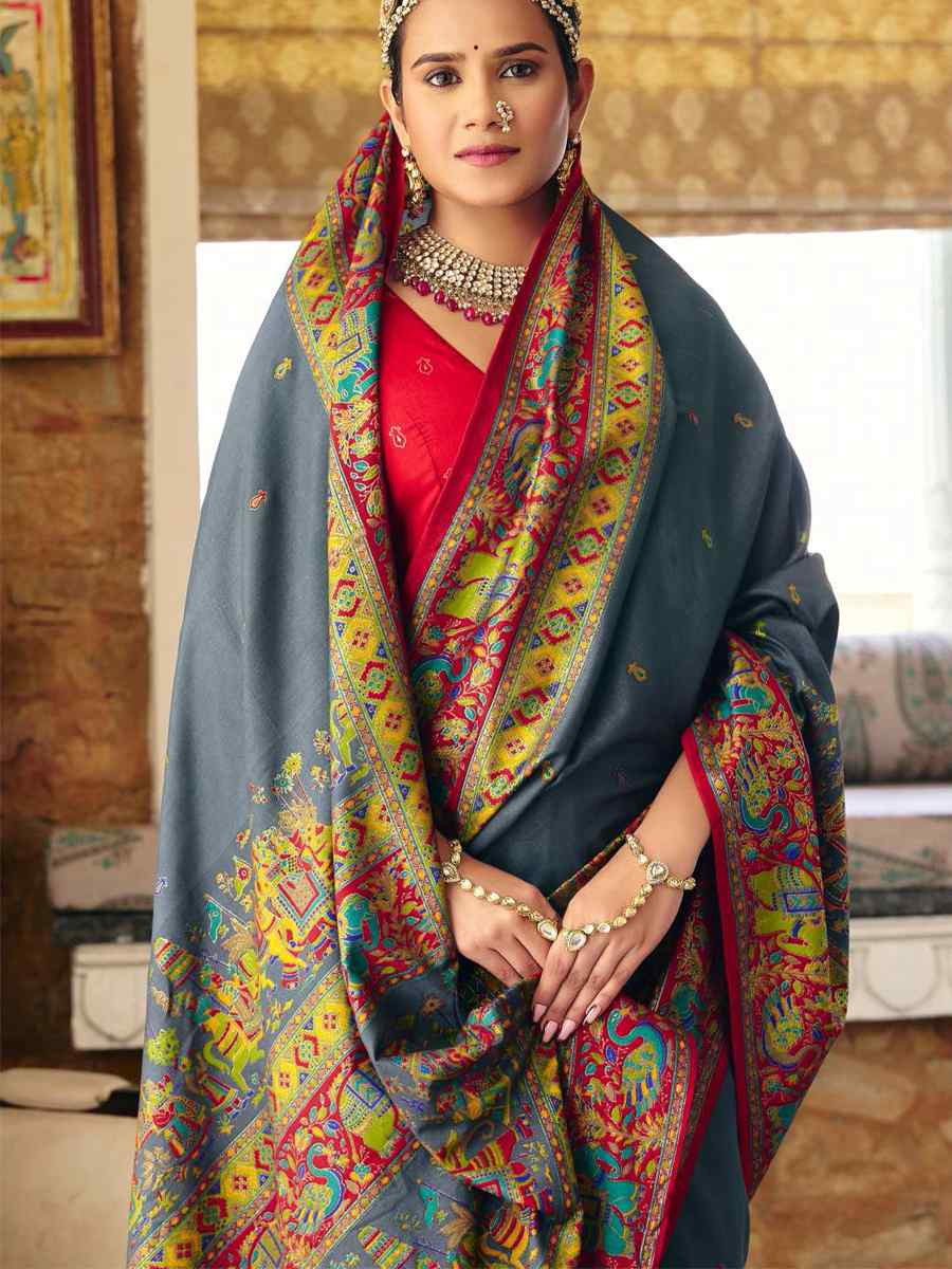 Grey Silk Handwoven Casual Reception Festival Wedding Fancy Heavy Border Saree