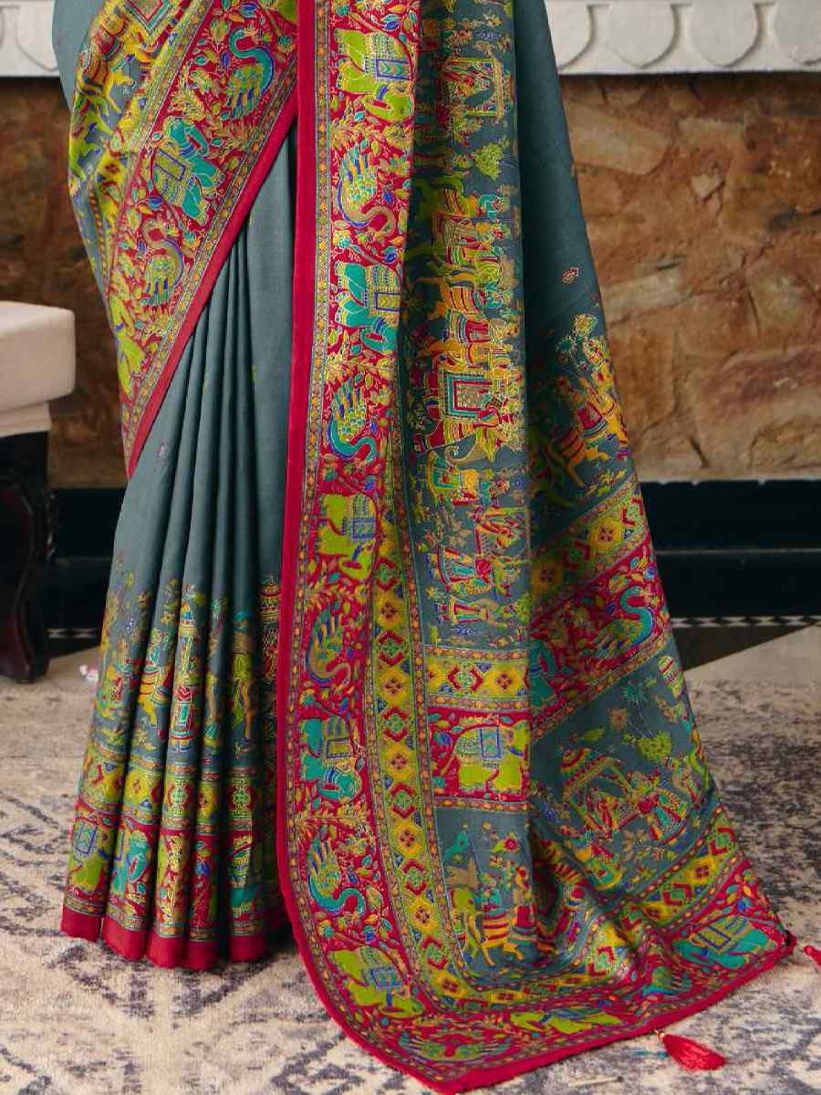 Grey Silk Handwoven Casual Reception Festival Wedding Fancy Heavy Border Saree