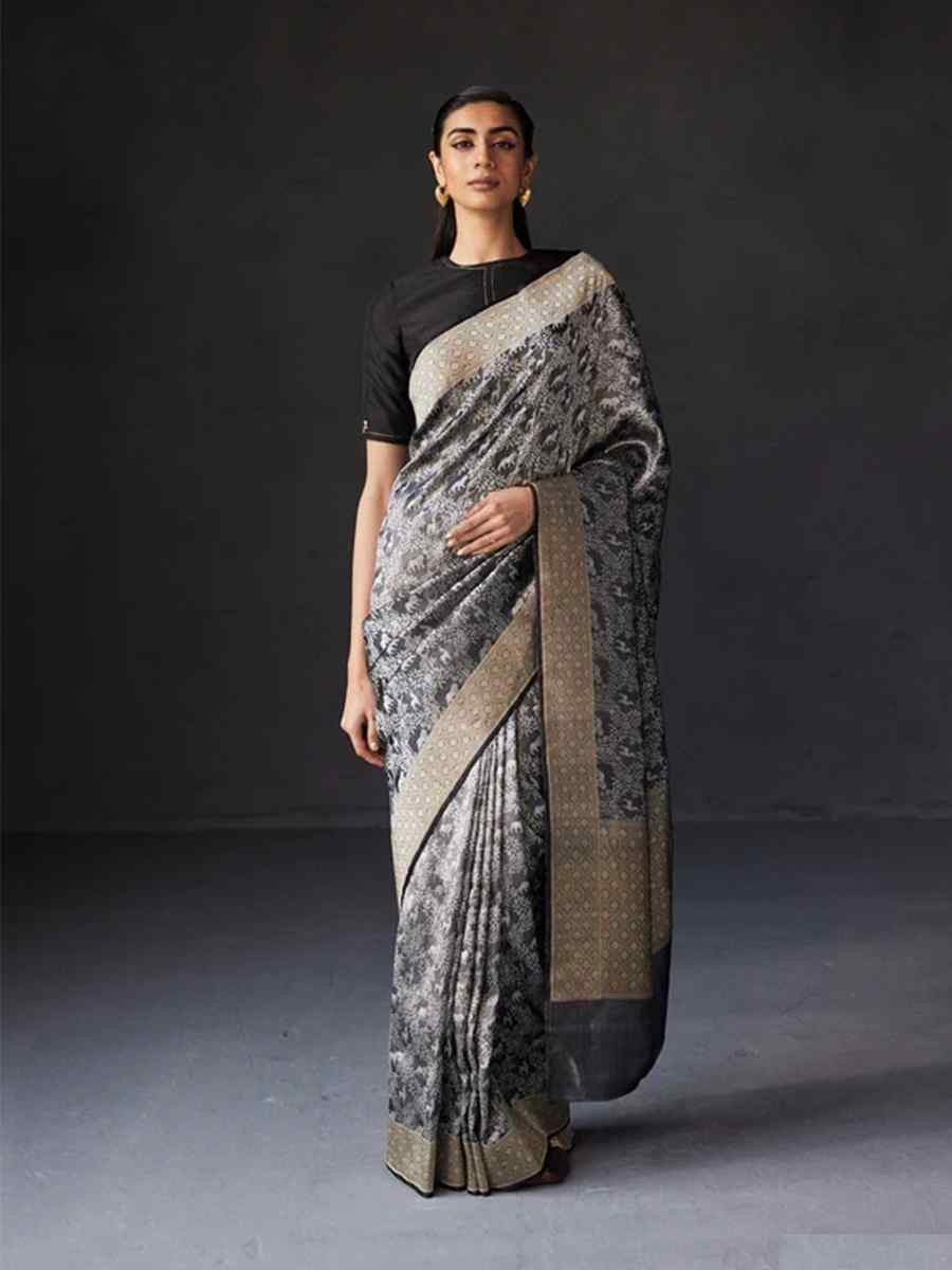 Grey Silk Handwoven Festival Wedding Fancy Heavy Border Saree