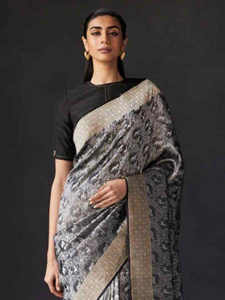 Grey Silk Handwoven Festival Wedding Fancy Heavy Border Saree