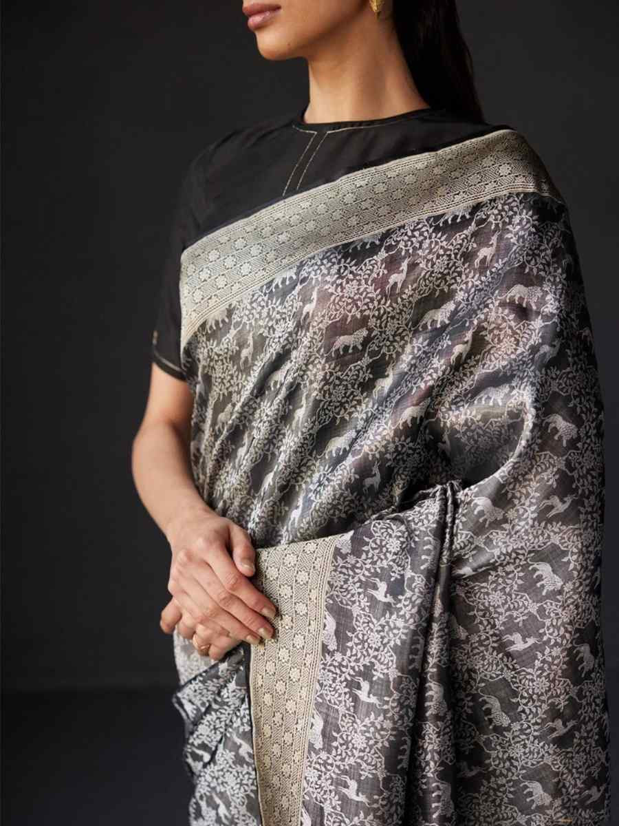 Grey Silk Handwoven Festival Wedding Fancy Heavy Border Saree