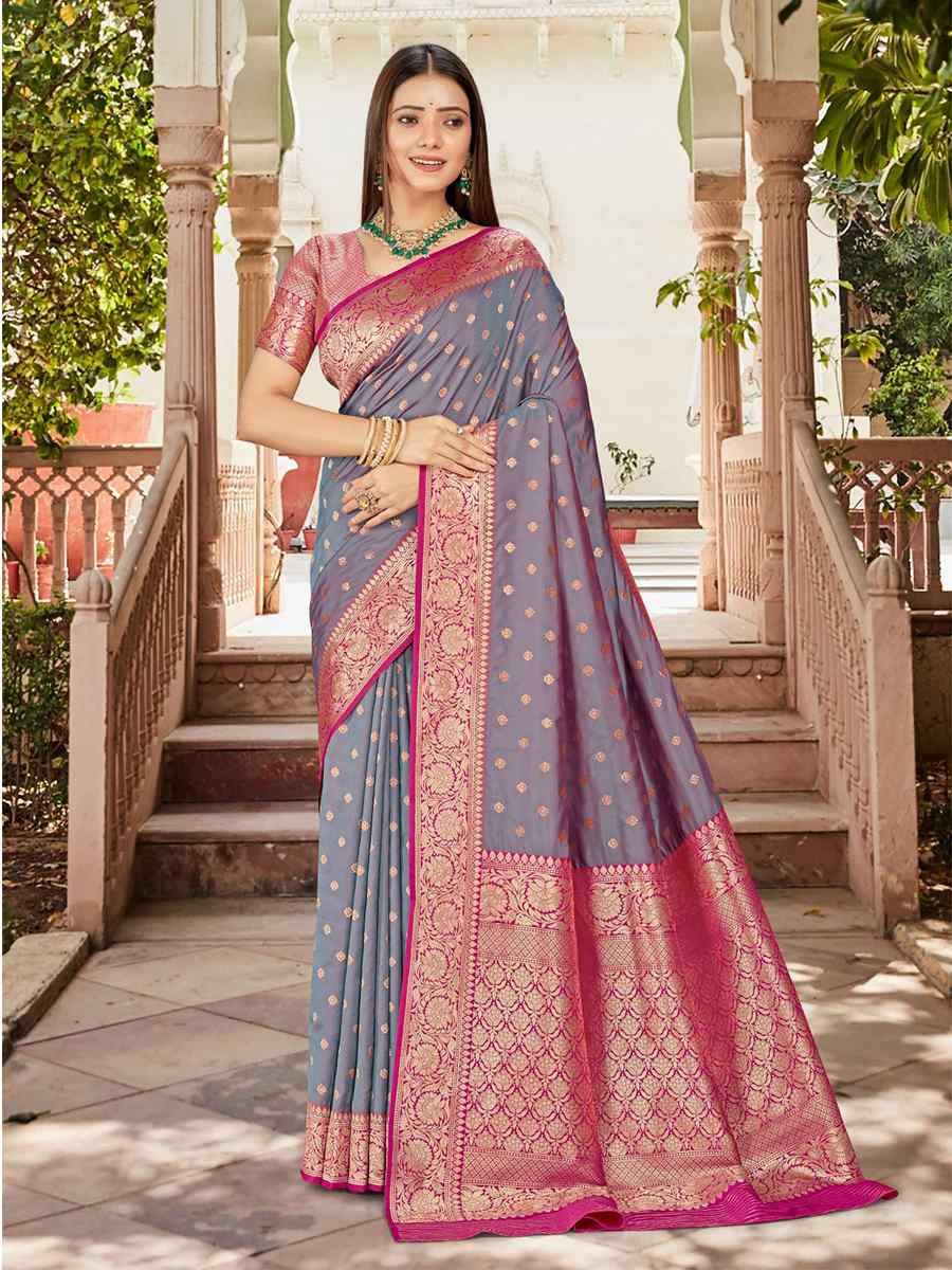 Grey Silk Handwoven Festival Wedding Fancy Heavy Border Saree