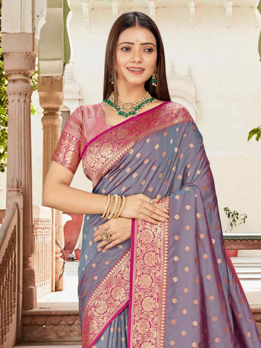 Grey Silk Handwoven Festival Wedding Fancy Heavy Border Saree