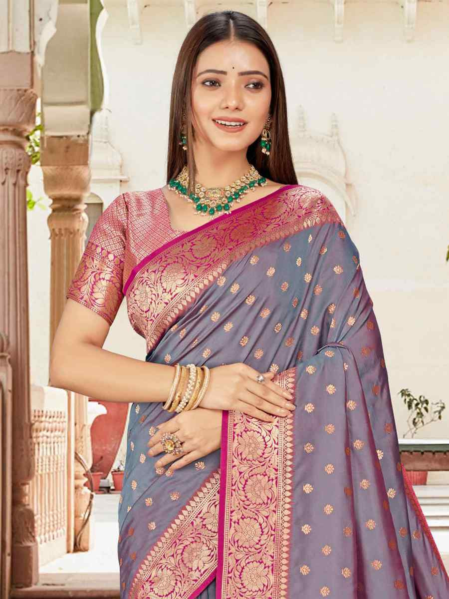 Grey Silk Handwoven Festival Wedding Fancy Heavy Border Saree