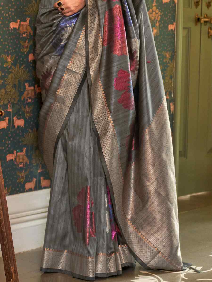 Grey Silk Handwoven Party Festival Heavy Border Saree