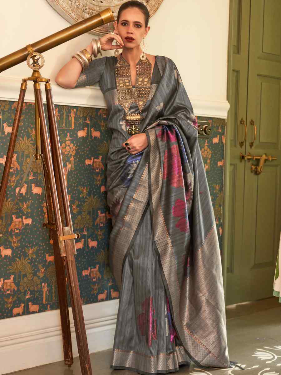 Grey Silk Handwoven Party Festival Heavy Border Saree
