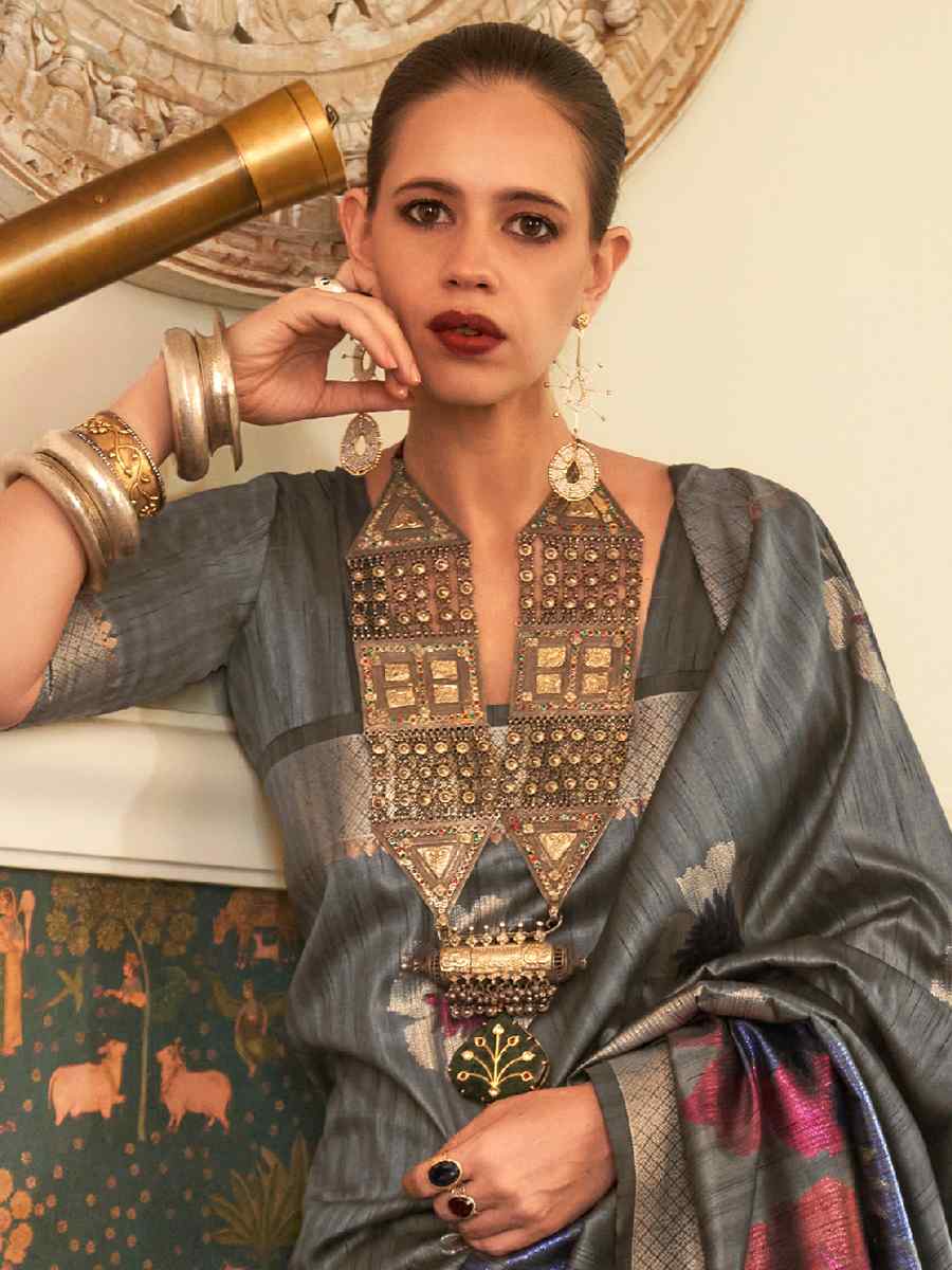 Grey Silk Handwoven Party Festival Heavy Border Saree