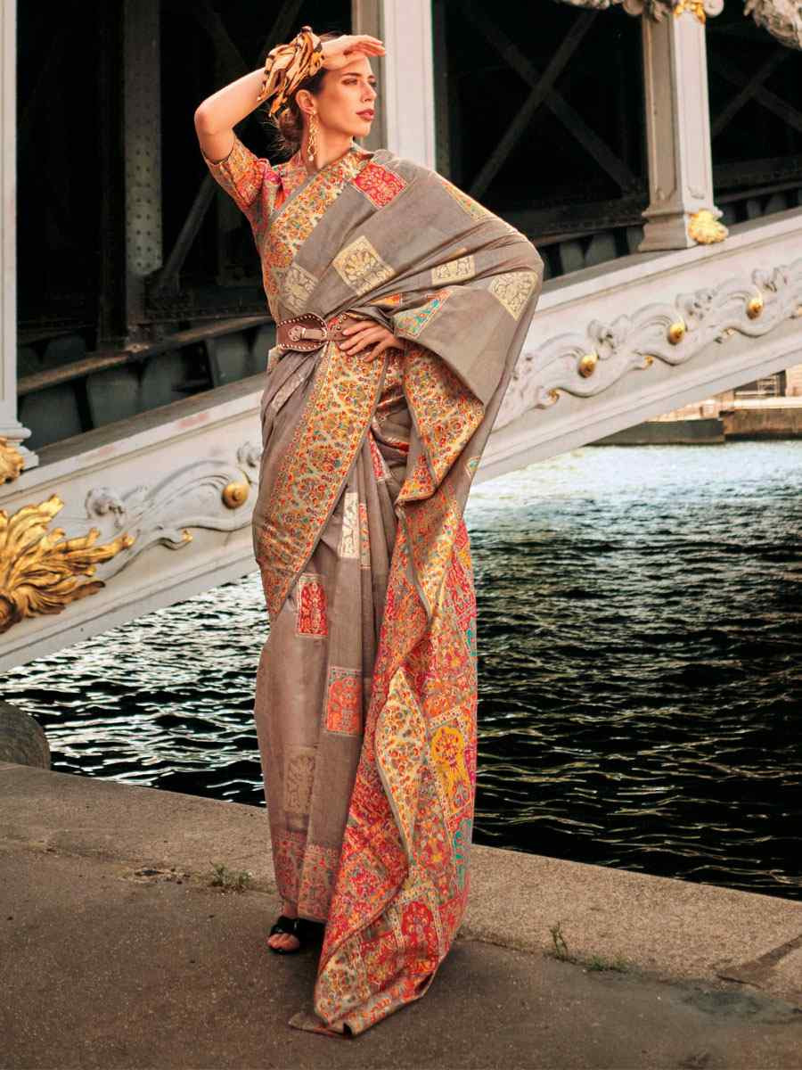 Grey Silk Handwoven Traditional Bridal Reception Festival Wedding Fancy Heavy Border Saree