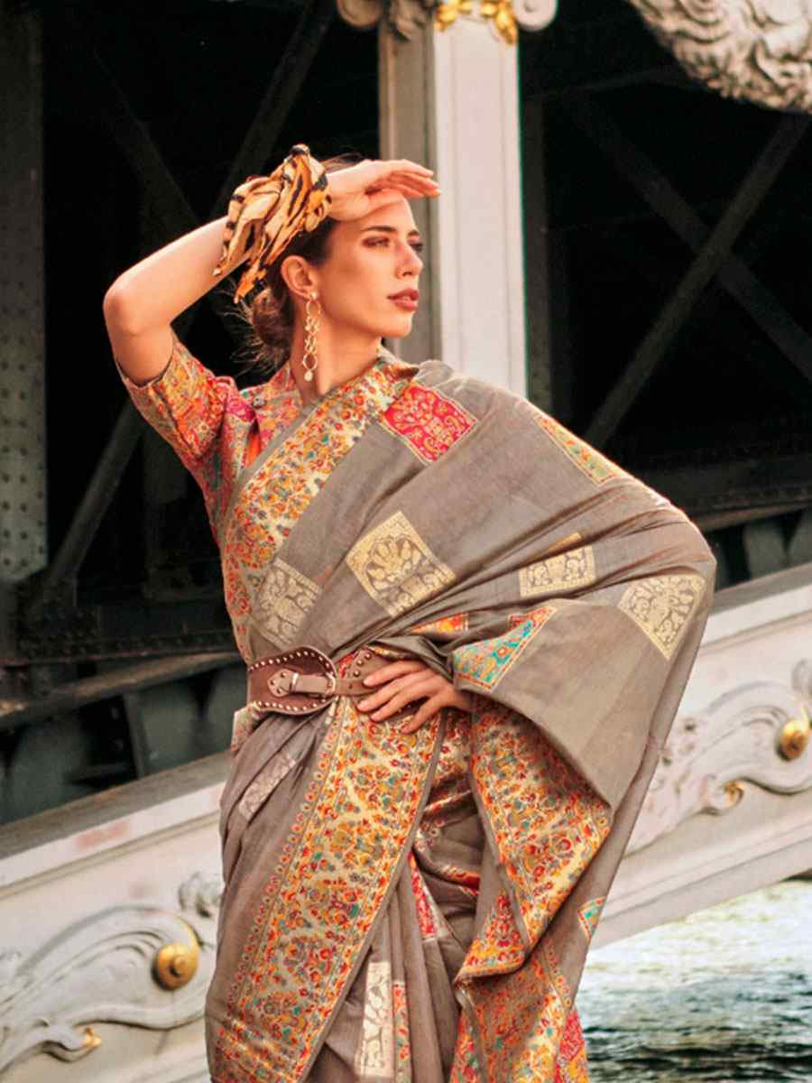 Grey Silk Handwoven Traditional Bridal Reception Festival Wedding Fancy Heavy Border Saree