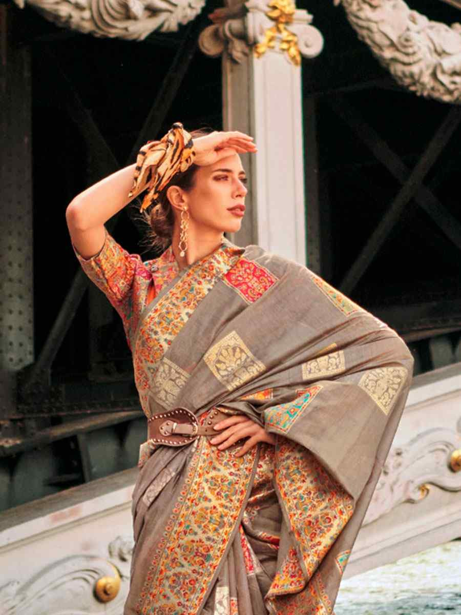 Grey Silk Handwoven Traditional Bridal Reception Festival Wedding Fancy Heavy Border Saree