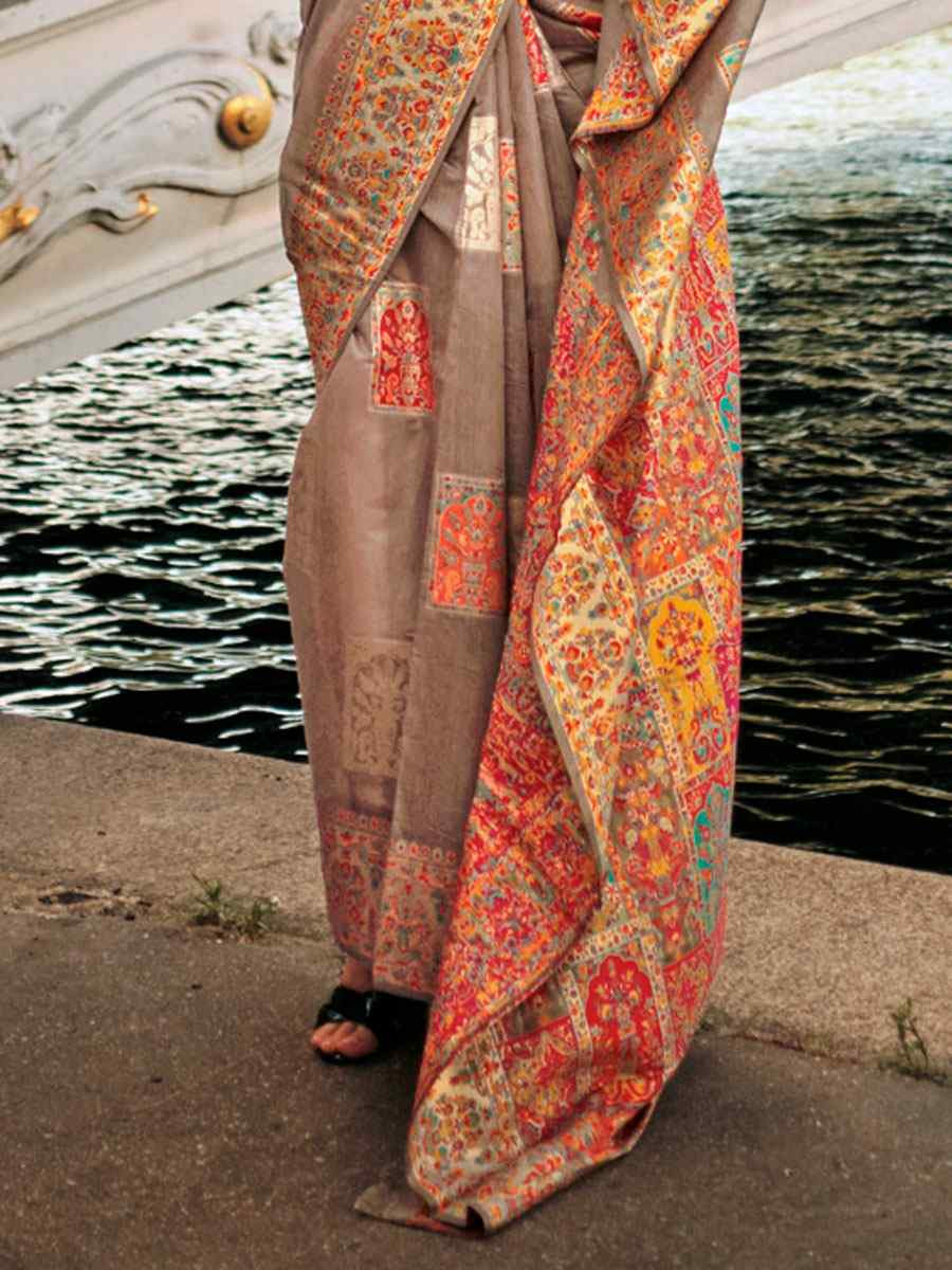 Grey Silk Handwoven Traditional Bridal Reception Festival Wedding Fancy Heavy Border Saree