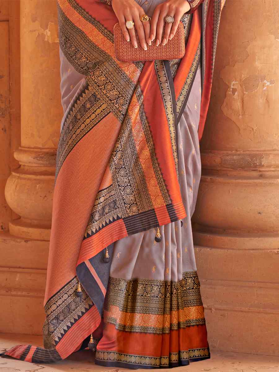 Grey Silk Handwoven Wedding Festival Heavy Border Saree