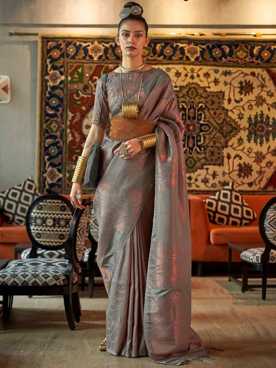 Grey Silk Handwoven Wedding Festival Heavy Border Saree