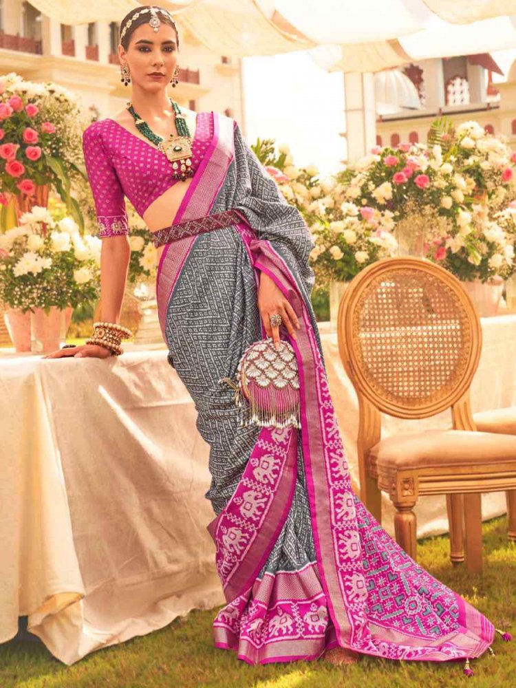 Grey Silk Handwoven Wedding Festival Heavy Border Saree