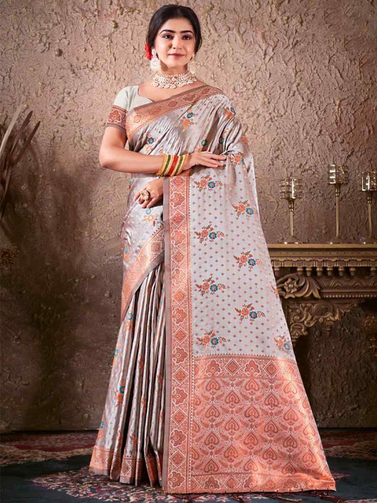 Grey Silk Handwoven Wedding Festival Heavy Border Saree